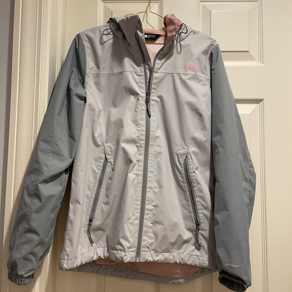 North Face color block gray and pink rain jacket women’s size M